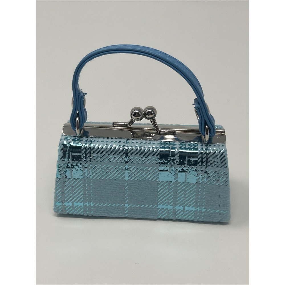 Brand New Metallic Blue Plaid Mini Purse Lipstick Holder By Tic.Tok 3.75"